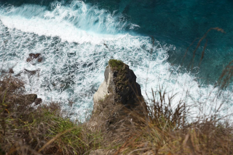 an outcropping of some vegetation, and the water around it