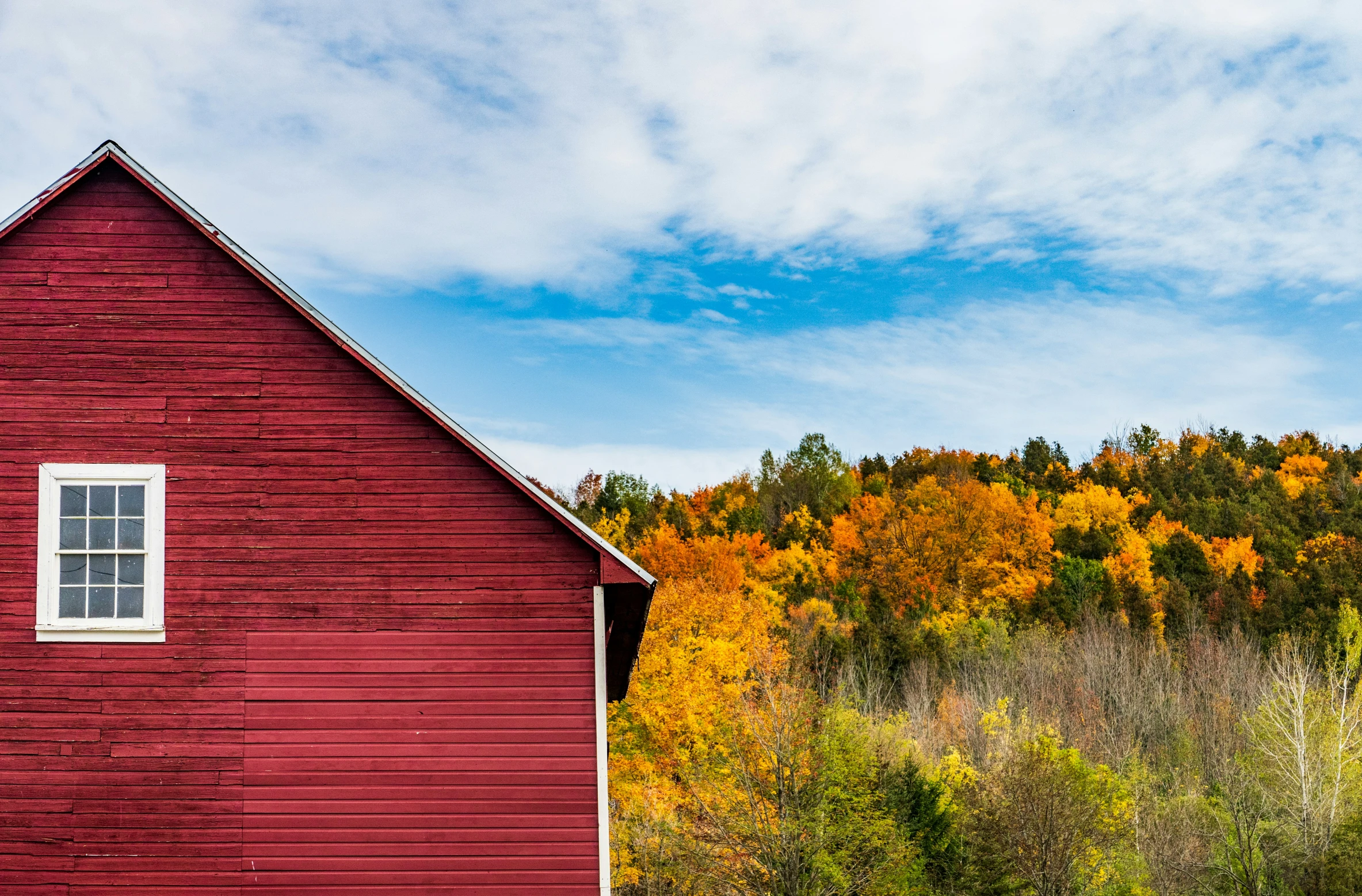 a red building in front of an autumn scene