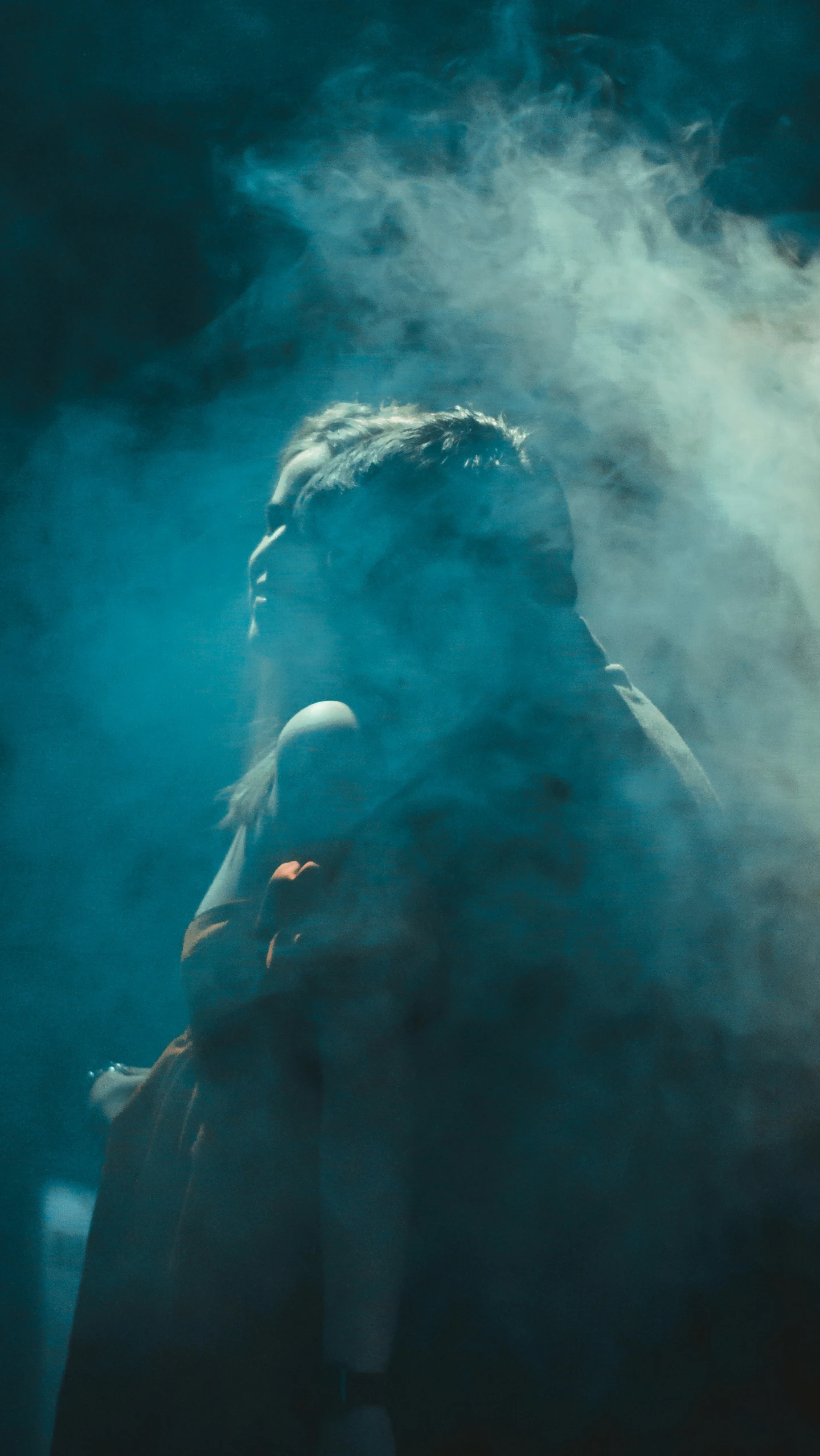 the silhouette of an adult and a child in front of smoke