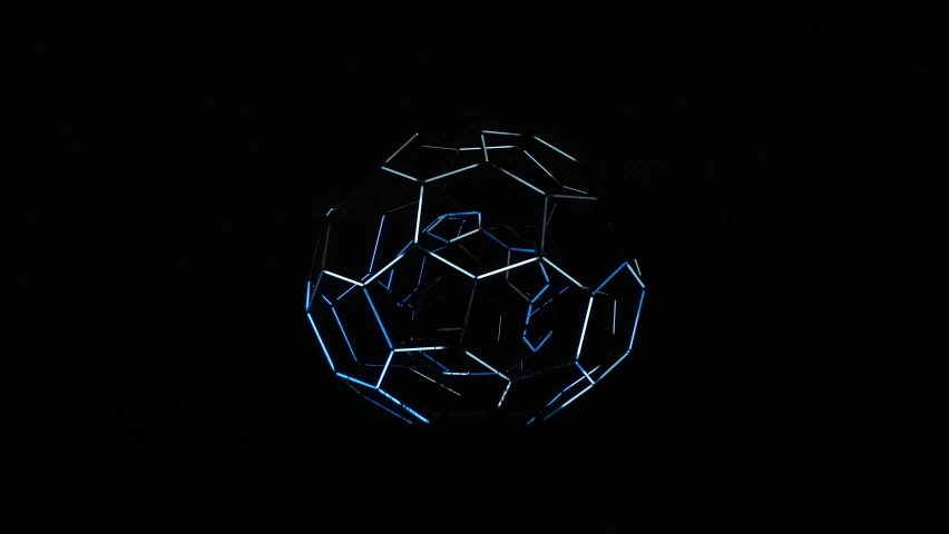 blue neon lights on the face of a soccer ball