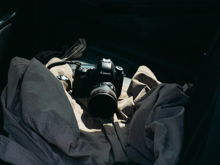 a camera sitting on a bed in a suit case