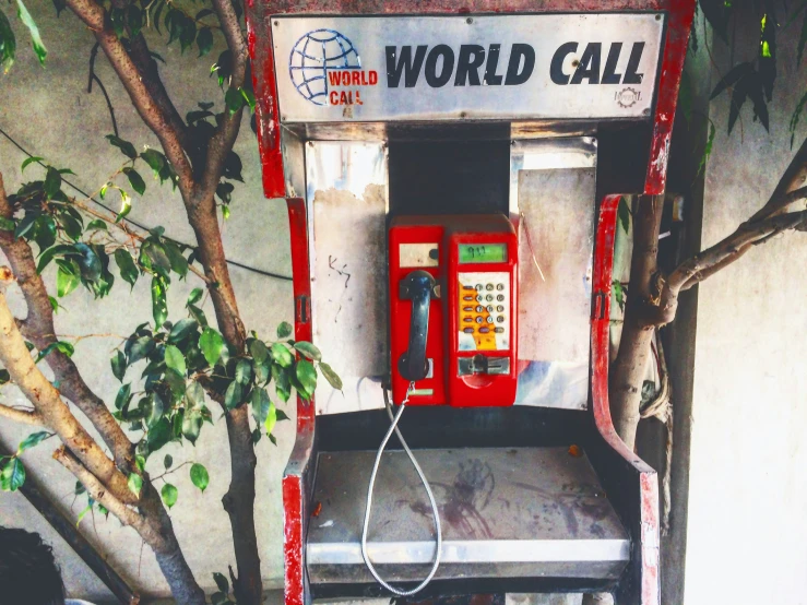 a red telephone booth next to a tree