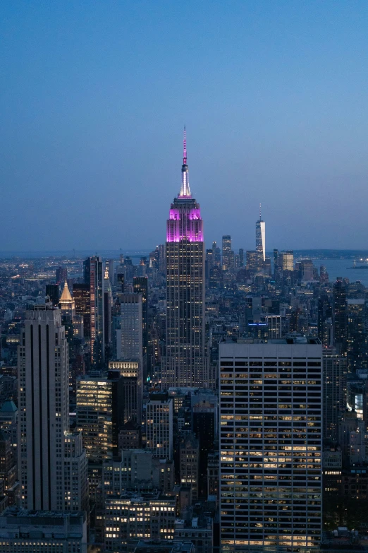 a view from a high - rise building shows the empire building in purple