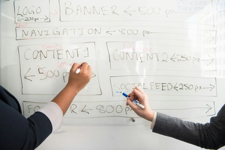 two people are writing on a whiteboard