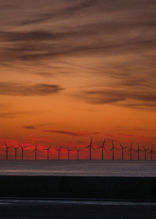 a number of wind mills on a field at sunset