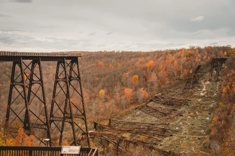 a rusted, railed bridge in a fall colored mountain valley