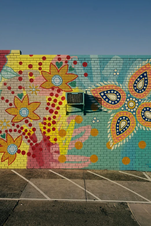 an empty parking lot with parking meters next to a painted wall