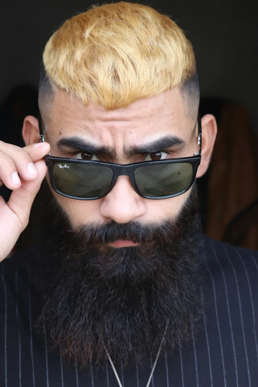 a man with a beard wearing sunglasses holds his hand to his eye