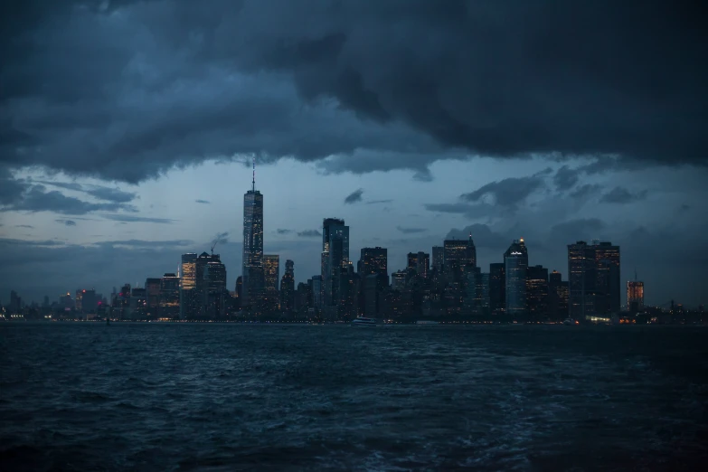 the cityscape of new york as it appears to be raining