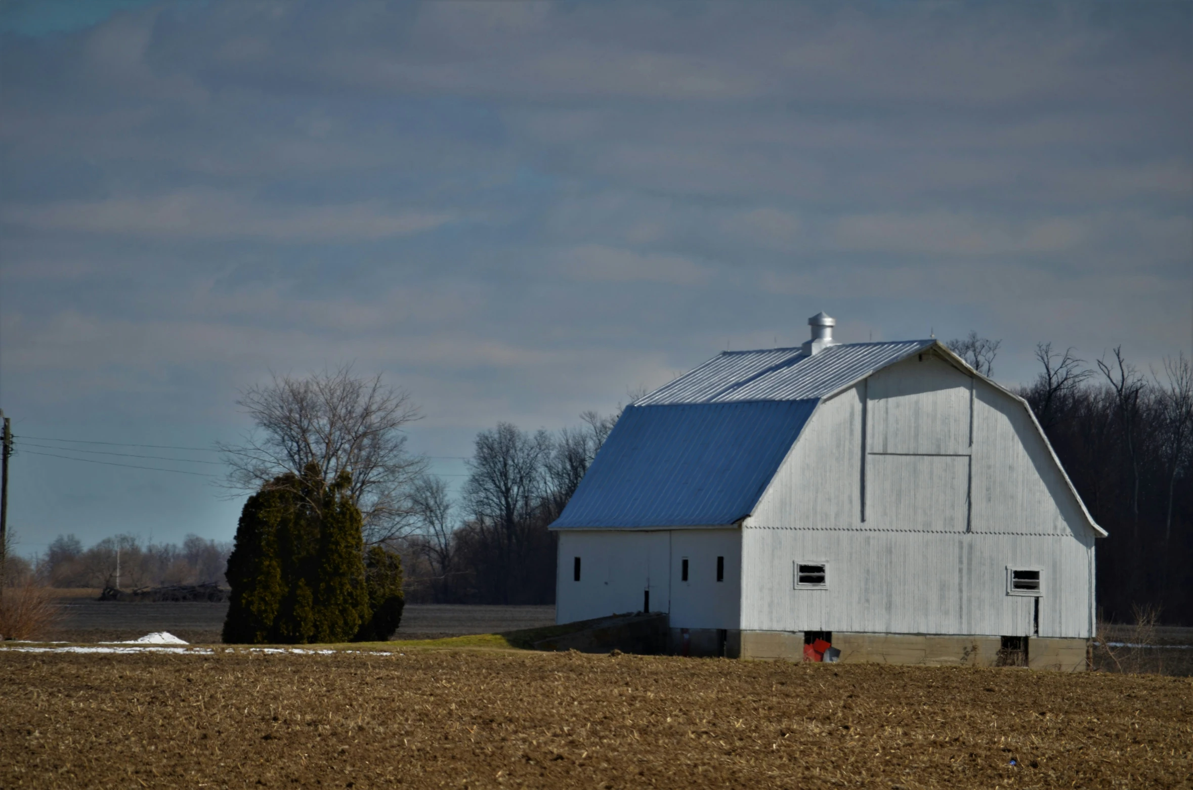 white barn in rural countryside with trees behind