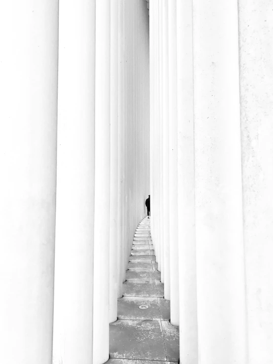 an individual standing among white columns with one leg bent and one foot down