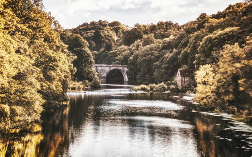 the old bridge crosses the river through the trees