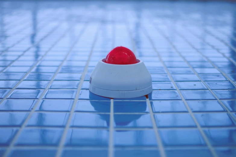 red and white sneakers on tiled floor on blue tiles