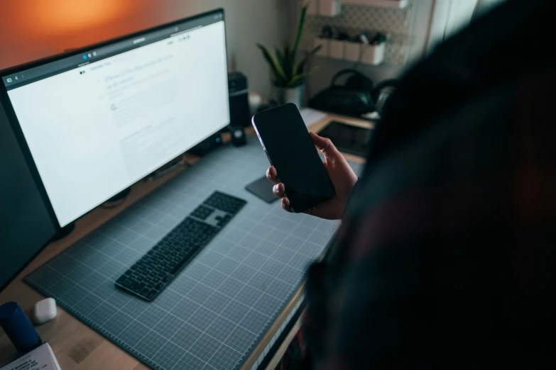 a person holding a smart phone near a computer monitor