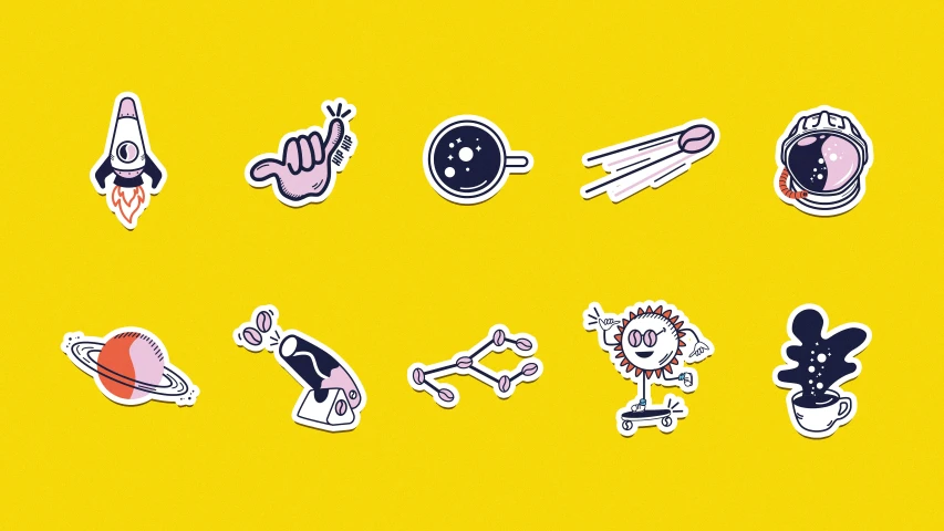 several stickers set on a yellow background
