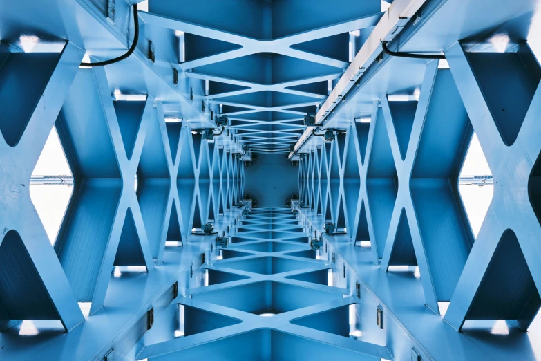 the inside of a very high steel structure