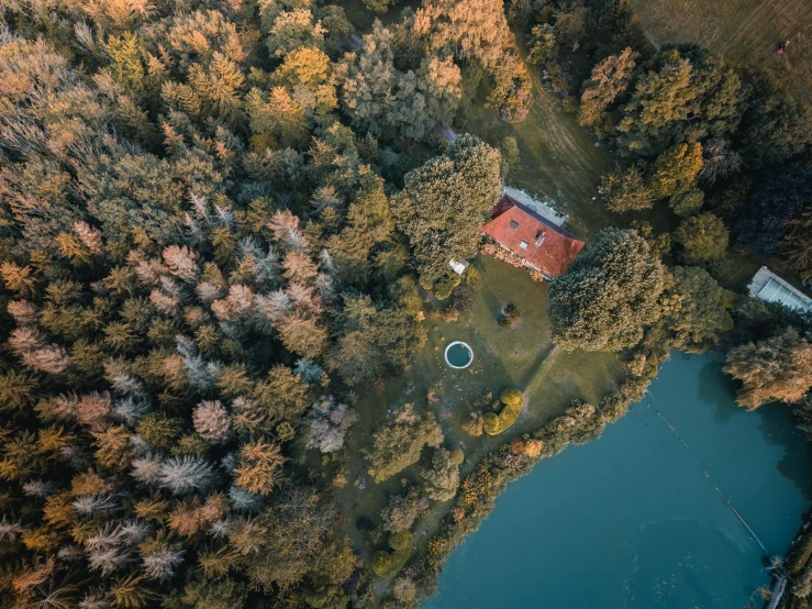 an aerial s of a house in the middle of some trees