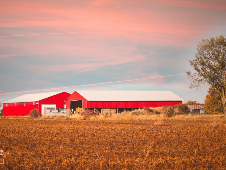 the red barn on the side of the road in autumn