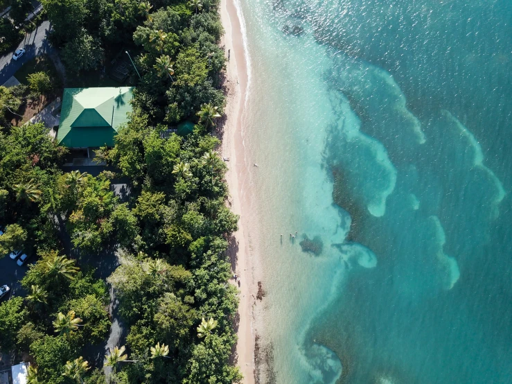 a bird's eye view of a green house next to the ocean