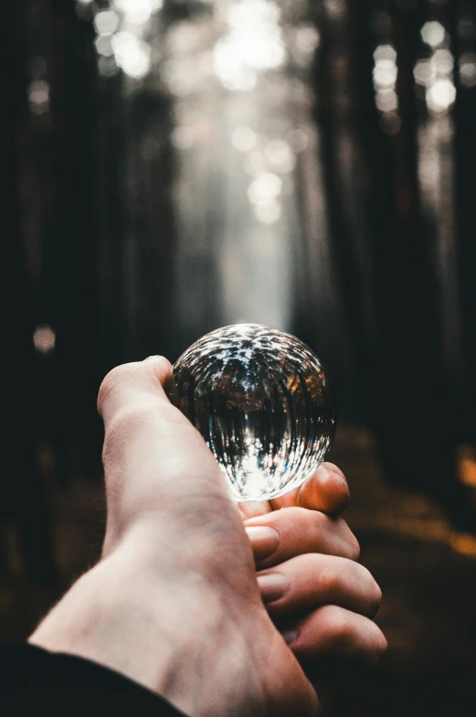 someone holding a glass ball with their hand