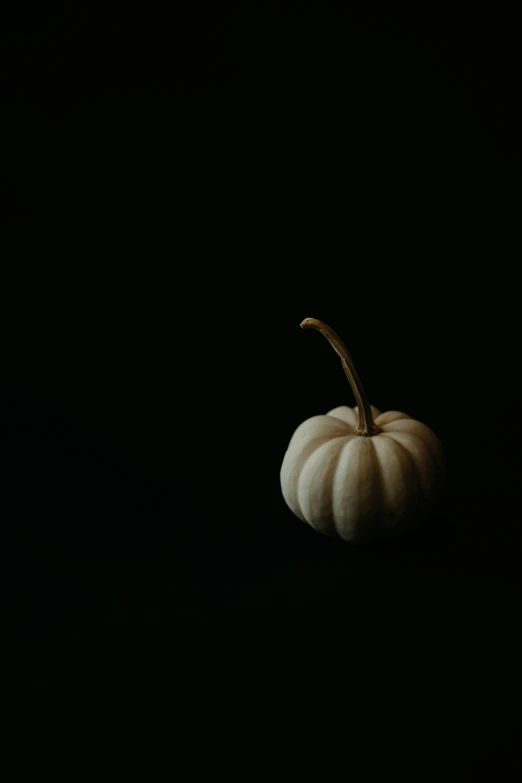 a white pumpkin sitting in the dark on a table