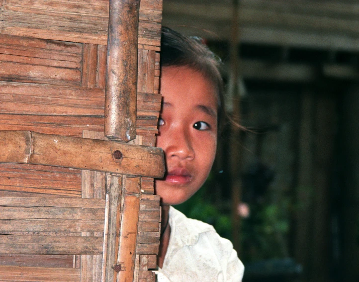a little girl peeking her face behind a bamboo wall