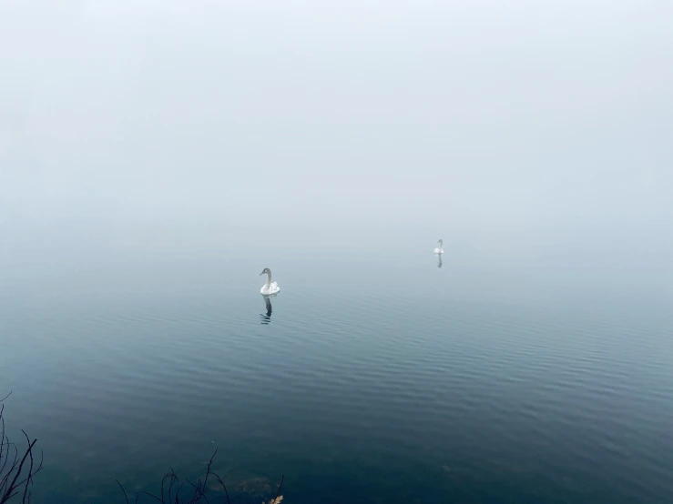 a body of water with boats in the distance and a foggy sky