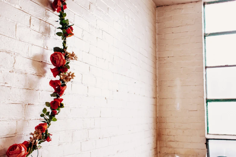 some flowers hanging from a brick wall with windows in the background