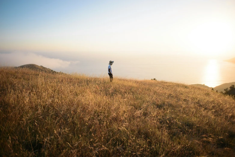 person holding up a kite standing on a grass covered hill