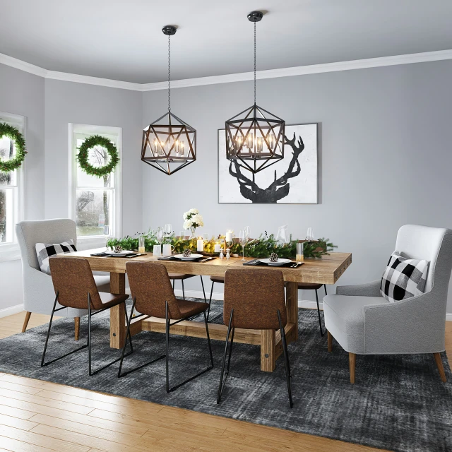 dining room scene with lights, and chairs