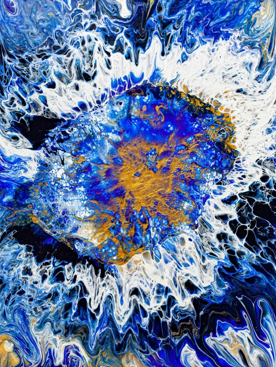 abstract painting with colors that have been transformed to look like blue, gold and white