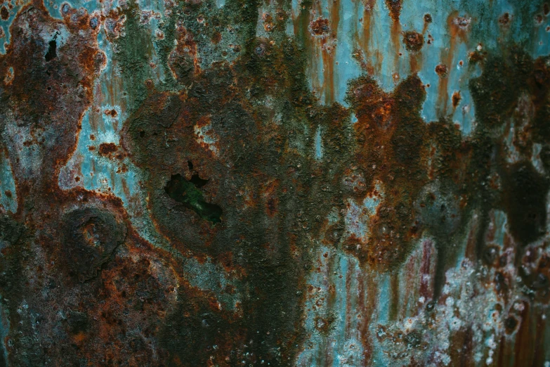 the rust on a wall has brown stains and green moss