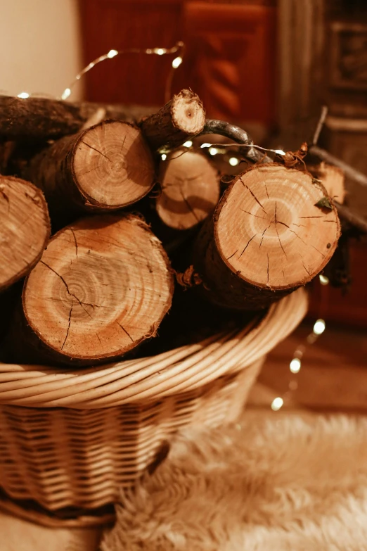 the basket is full of wood that looks like logs