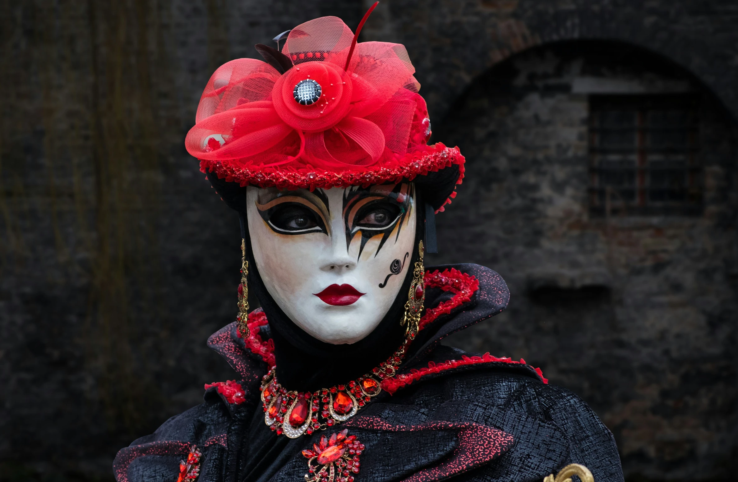 a carnival mask wearing with a red flower hat