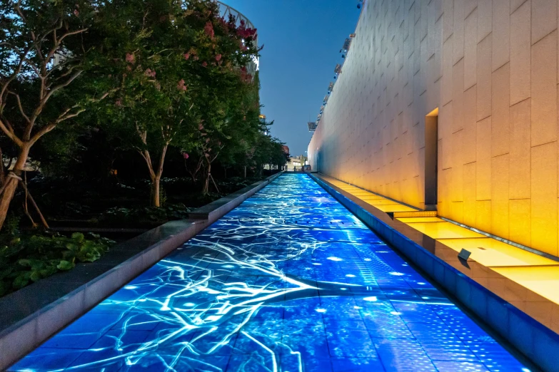 a water way and lit trees are in the distance