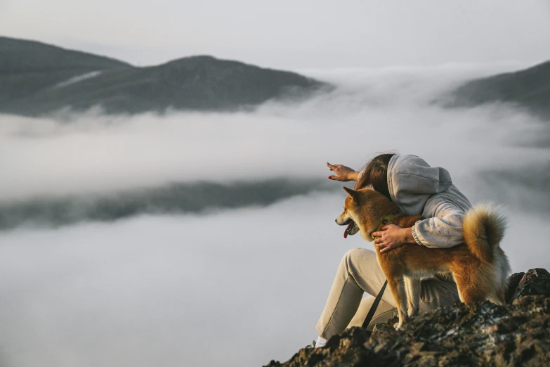 a person sitting on top of a hill with a dog