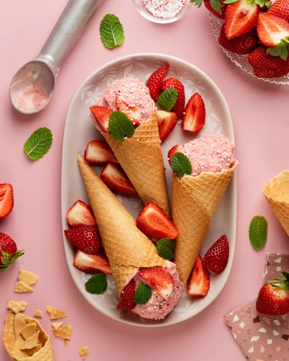 two ice cream cones, one with strawberries and the other with mint leaves