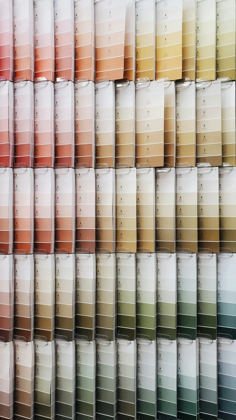 a group of rows of plastic boxes that have various colors of paint