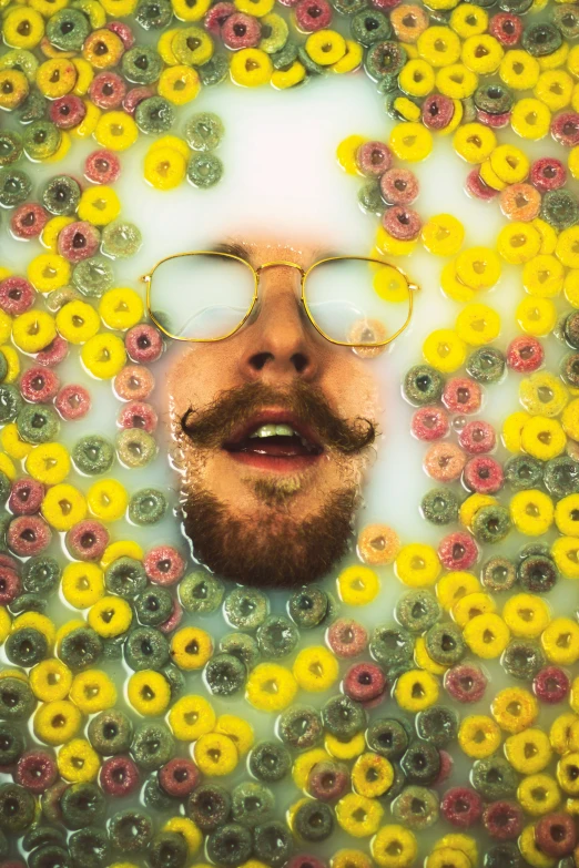 a man's face surrounded by a pile of donuts