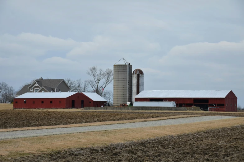 the sky is gray and the barn has two silos