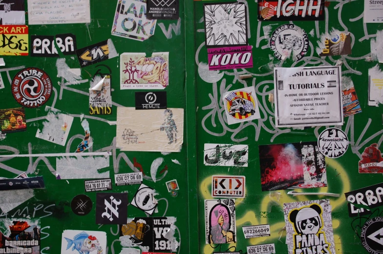 a green background with different types of stickers