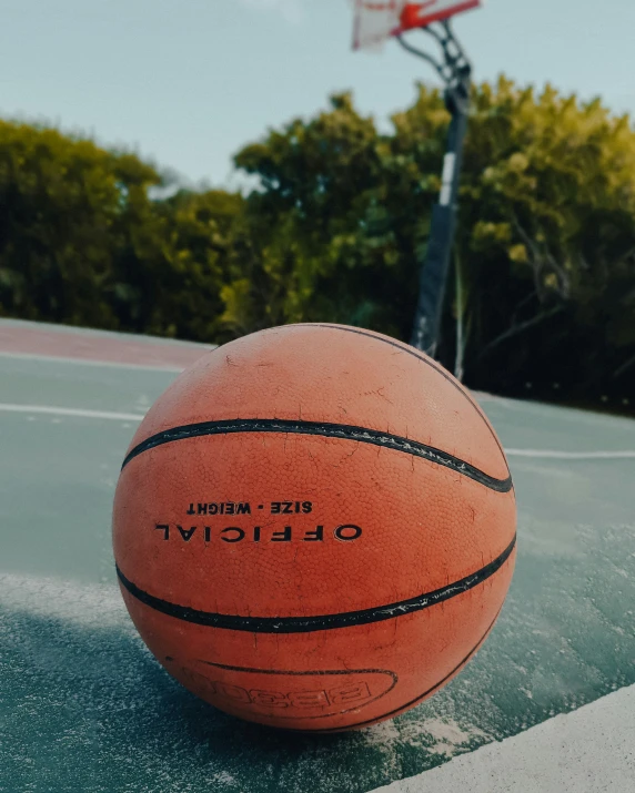 a basketball is sitting on the court in front of trees