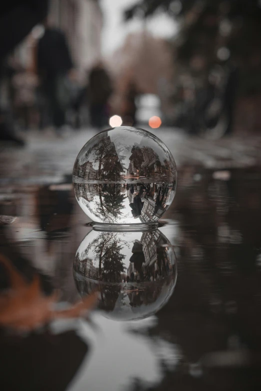 reflection of people walking in a glass sphere