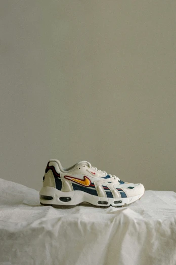 an sneakers is pographed on a bed