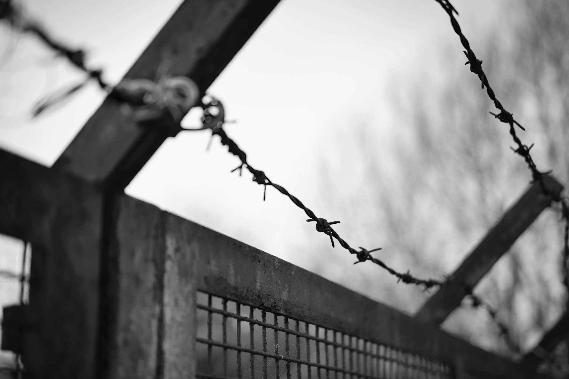 barbed wire and wooden post next to a gate