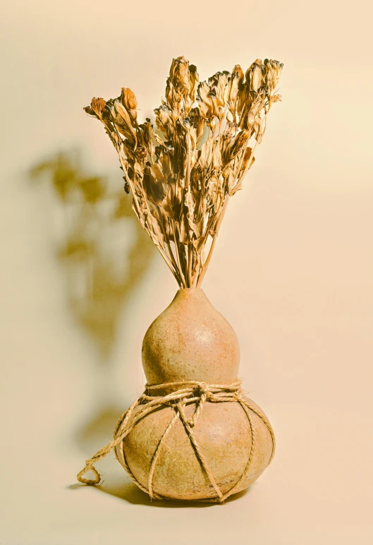 a brown vase filled with dried flowers sitting on top of a table