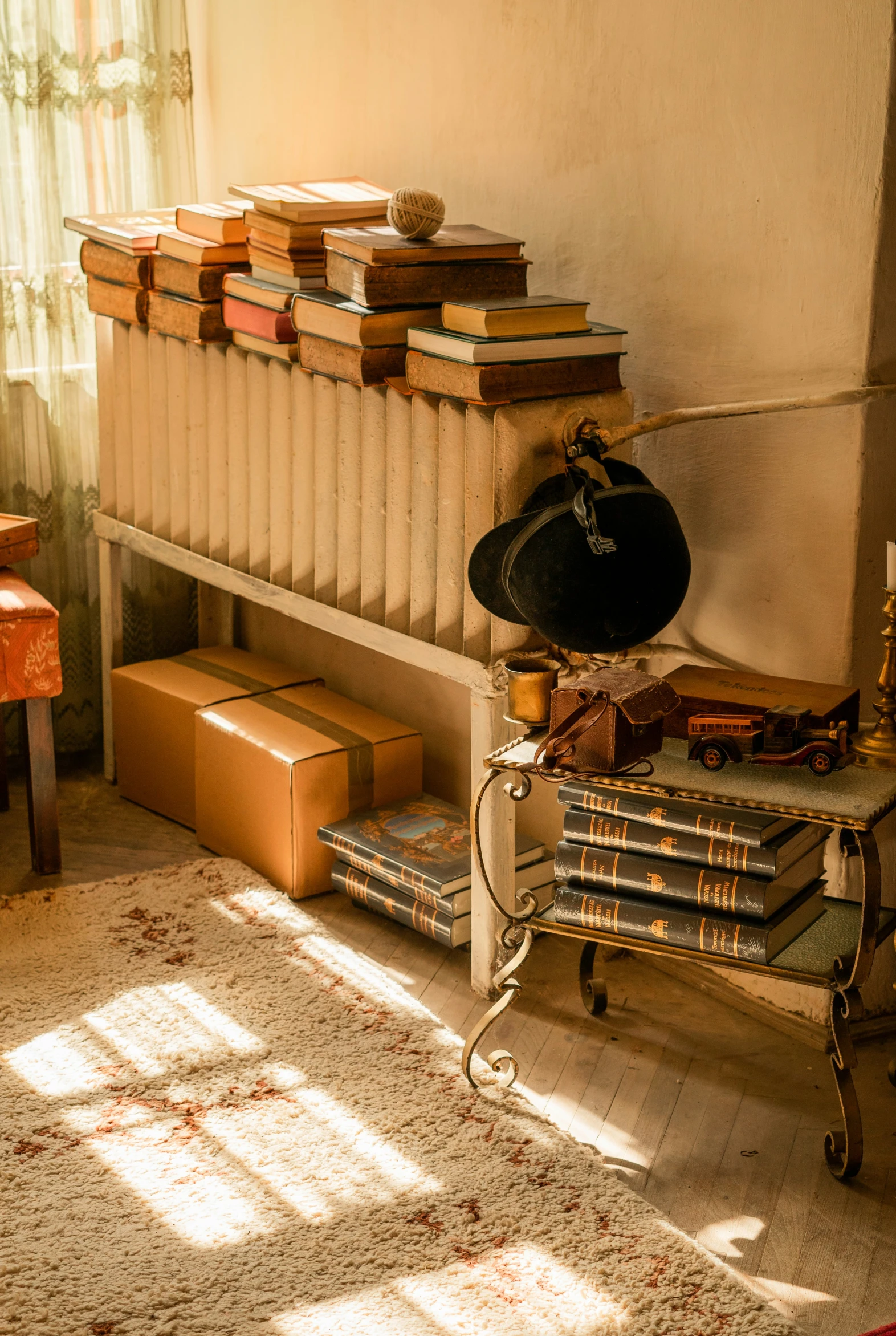 the room is littered with old books, antiques and luggage