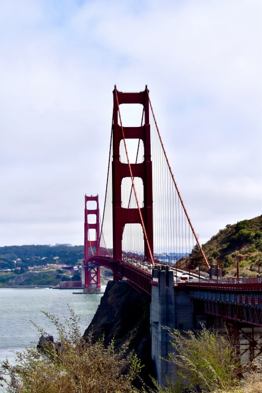 the golden gate bridge crosses the bay in a blue sky