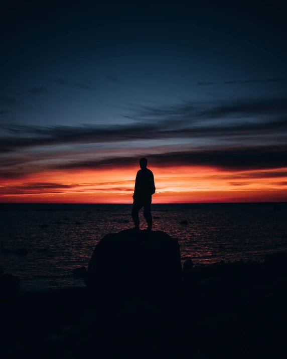 the silhouette of a man at sunset by the ocean