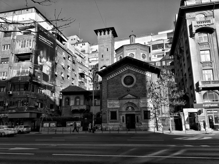 a black and white po shows an old church